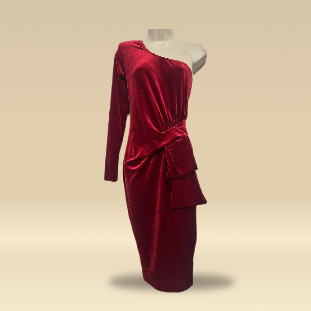 Fashion Nova Red One-Shoulder Long Sleeve Dress